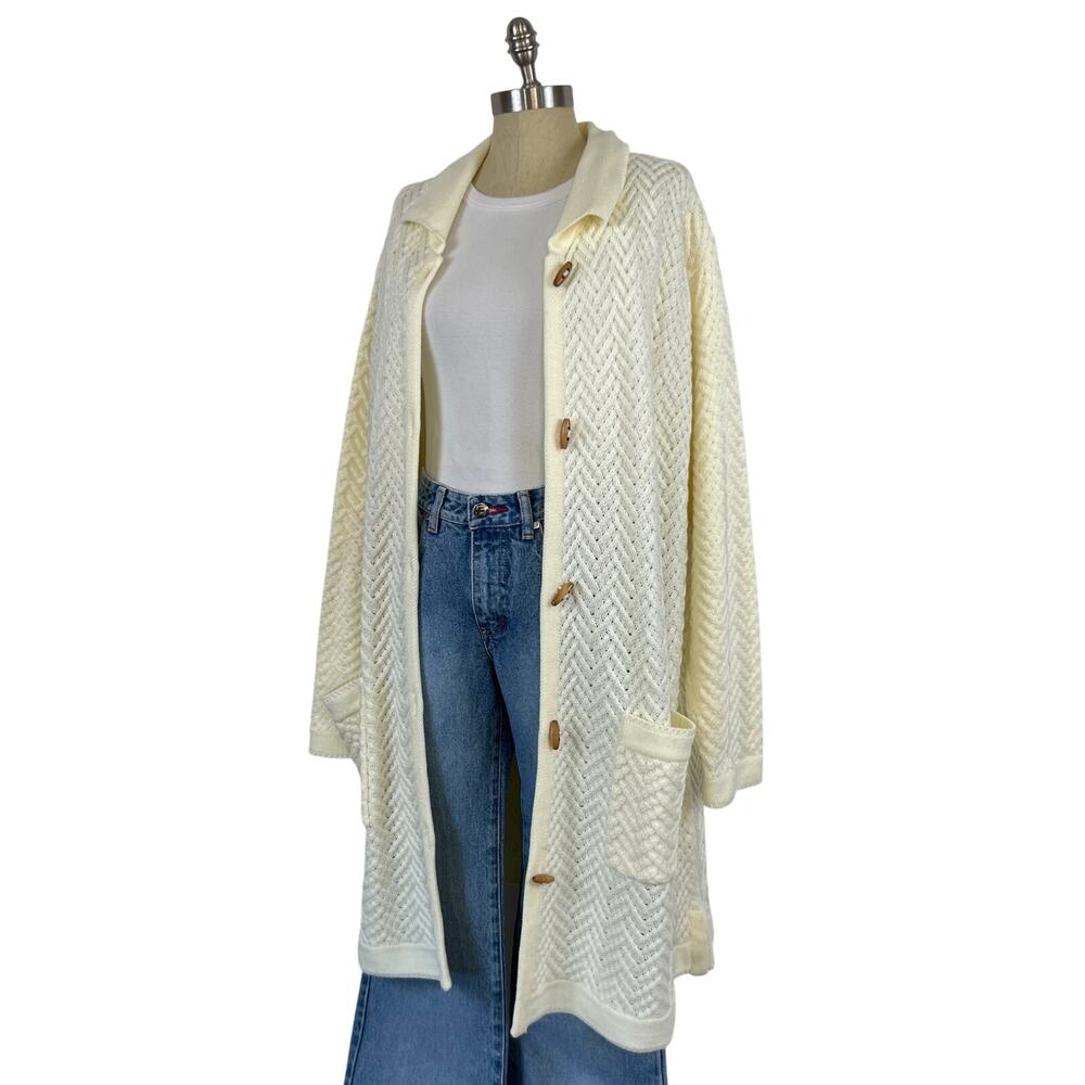 Denim & Co. Women's Knit Button Down Cream Long Cardigan With Wooden Buttons XL